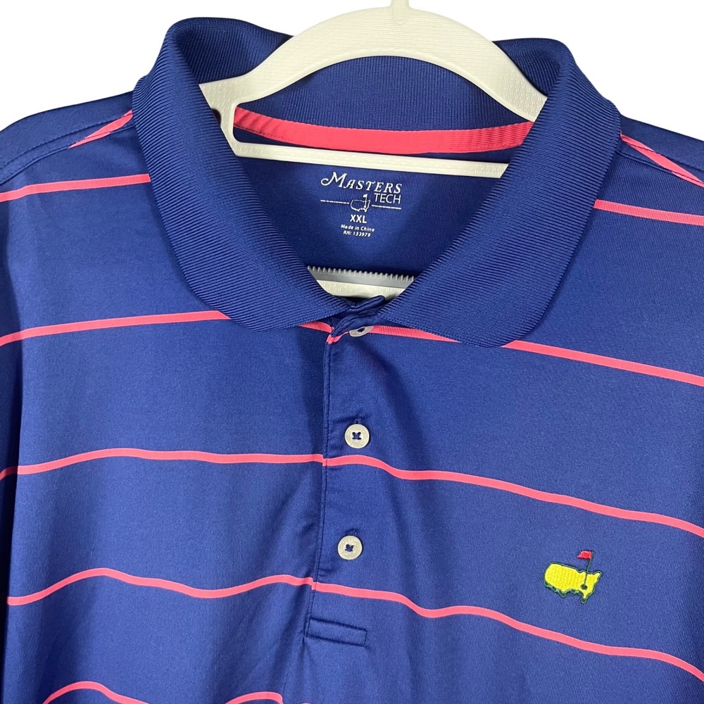 Masters Tech Polo Shirt Mens XXL Blue Pink Striped Performance Golf Logo
